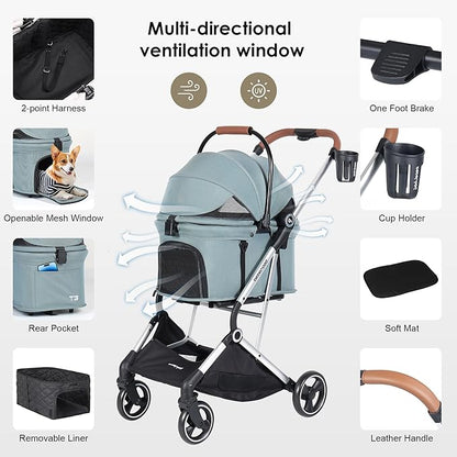 T3 Pro 3-in-1 Small Pet Stroller for Dog &amp; Cats, 4 Wheels with Detachable Carrier with Pad, Canopy and Cup Holder, Green