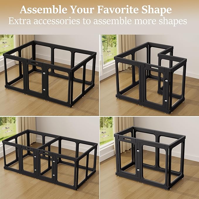 Clear Acrylic Dog Playpen with Door, for Puppy Cat Rabbit Transparent Pet Pen, Black Dog Playpen Indoor, Dog Fence, Easy Assemble &amp; Cleaning Dog Pen for Small &amp; Medium Dogs (23.6“ Height, 14PCS)