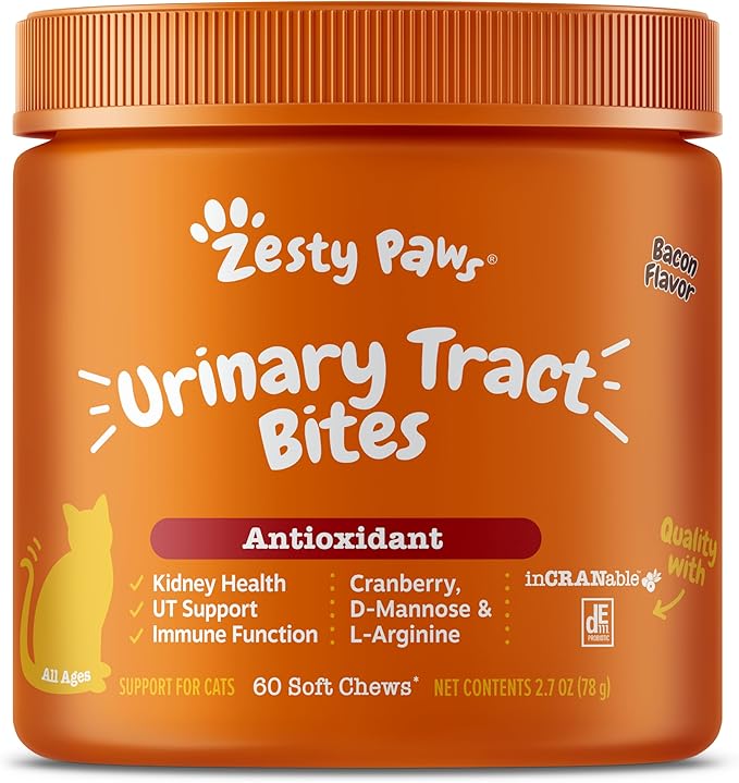 Zesty Paws Cranberry Urinary Tract Bites for Cats - Kidney &amp; Urinary Tract Health - Soft Chews with D-Mannose, Vitamin B6 &amp; L-Arginine - Immune &amp; Gut Support - Bacon - 60 Count
