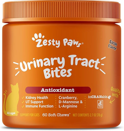 Zesty Paws Cranberry Urinary Tract Bites for Cats - Kidney &amp; Urinary Tract Health - Soft Chews with D-Mannose, Vitamin B6 &amp; L-Arginine - Immune &amp; Gut Support - Bacon - 60 Count