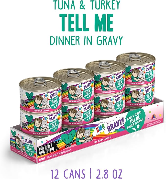 Weruva B.F.F. OMG - Best Feline Friend Oh My Gravy!, Tuna &amp; Turkey Tell Me with Tuna &amp; Turkey, 2.8oz Can (Pack of 12)