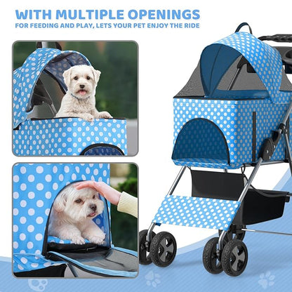 Magshion Foldable Pet Stroller, 3-in-1 Dog Travel Jogger with Detachable Carrier, Cup Holder, Storage Basket, Folding Carrier for Small/Medium Dogs &amp; Cats Up to 33 lbs, Sky Blue Polka Dots