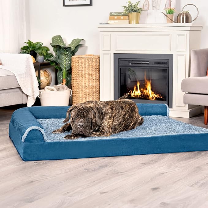 Furhaven Cooling Gel Dog Bed for Large Dogs w/ Removable Bolsters &amp; Washable Cover, For Dogs Up to 125 lbs - Two-Tone Plush Faux Fur &amp; Suede L Shaped Chaise - Marine Blue, Jumbo Plus/XXL