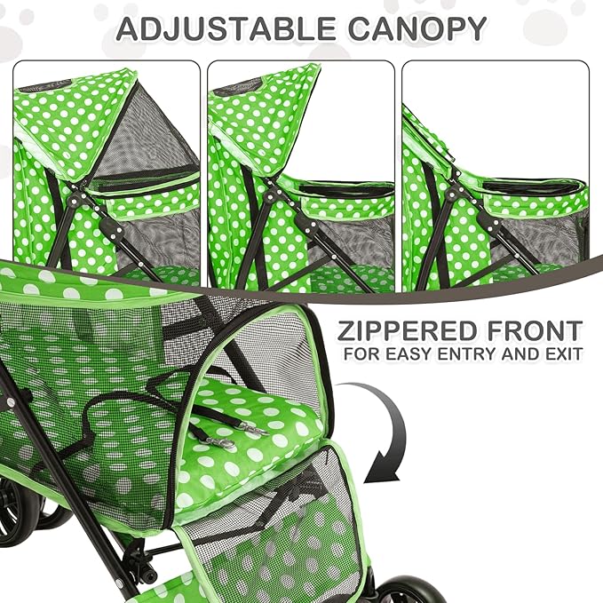 MoNiBloom 4 Wheels Pet Stroller, Easy-Fold Umbrella Shaped Dog Cat Jogger Stroller w/Storage Bag &amp; Visible Mesh for Small/Medium Dogs Cats Lawn Green Polka Dots