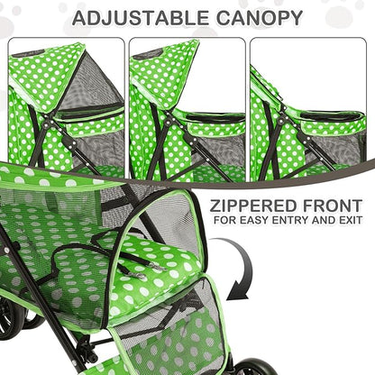 MoNiBloom 4 Wheels Pet Stroller, Easy-Fold Umbrella Shaped Dog Cat Jogger Stroller w/Storage Bag &amp; Visible Mesh for Small/Medium Dogs Cats Lawn Green Polka Dots