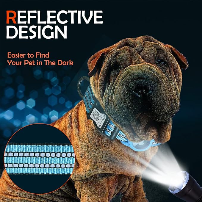 Reflective Dog Collar with Apple AirTag Holder &amp; QR Code Pet ID Tag,Soft Nylon Adjustable Dog Tracker Collar with Safety Lock for Small Dogs (Blue, S)