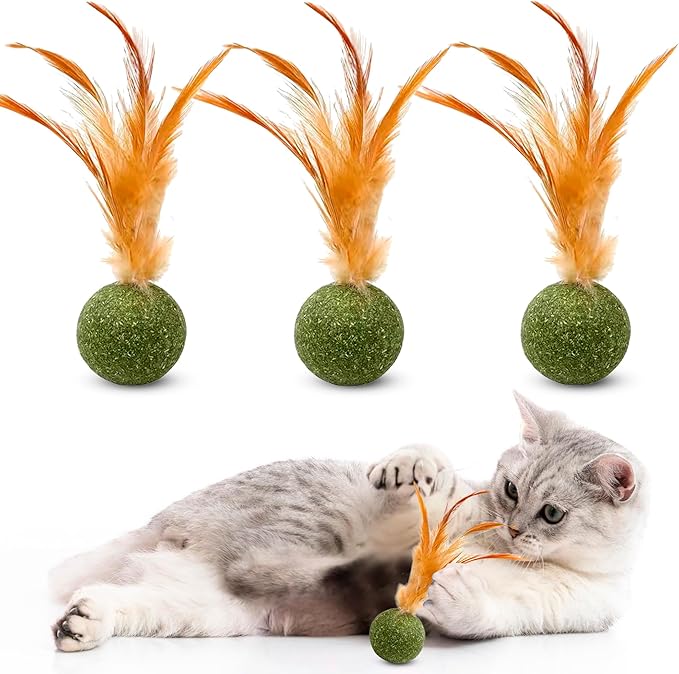 3 Pcs Catnip Balls with Feathers – Natural Catnip Toy for Play, Stress Relief &amp; Healthy Enrichment Interactive Cat Toys Perfect for Indoor Cats &amp; Kittens, Encourages Active Play &amp; Wellness