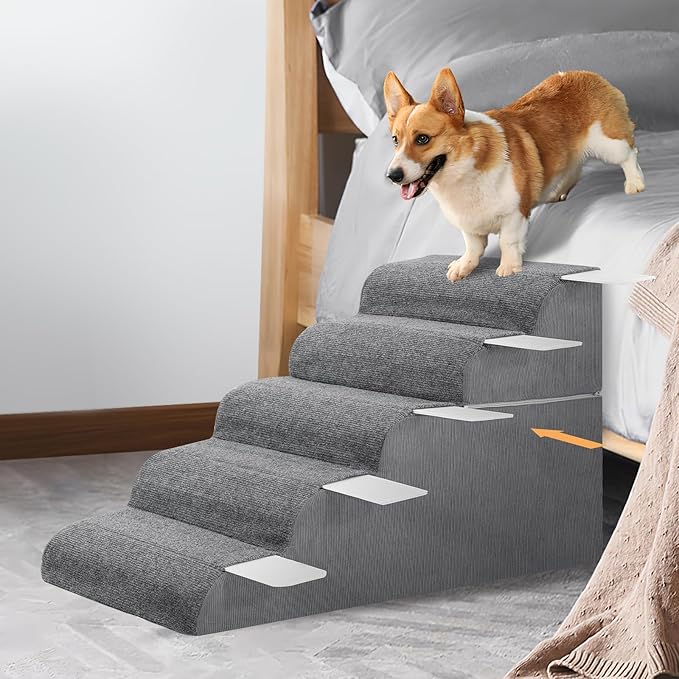 𝟱 𝗦𝘁𝗲𝗽𝘀 Dog Stairs for High Beds, 21.3" Tall Pet Steps for Small to Large Dogs &amp; Cats, Waterproof with Removable Cover &amp; PE Support Board for Bed, Couch, or Car