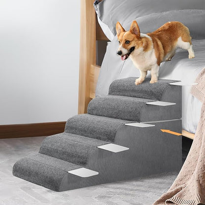 𝟱 𝗦𝘁𝗲𝗽𝘀 Dog Stairs for High Beds, 21.3" Tall Pet Steps for Small to Large Dogs &amp; Cats, Waterproof with Removable Cover &amp; PE Support Board for Bed, Couch, or Car