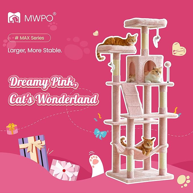 MWPO 70.1-Inch Pink Large Cat Tree, Multi-Level Tall Cat Tower for Indoor Cats, Plush Cat Condo with Big Padded Perches, Sisal-Covered Scratching Posts, Hammock, Toys for Kittens &amp; Cats