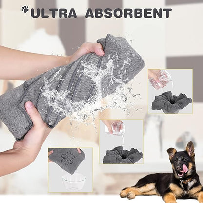 Chumia 4 Pack Dog Towels for Drying Large Microfiber Grooming Tools Absorbent Soft Bath Supplies with Embroidered Paw for Small Medium Pet Products(16 x 32 Inch,Gray)