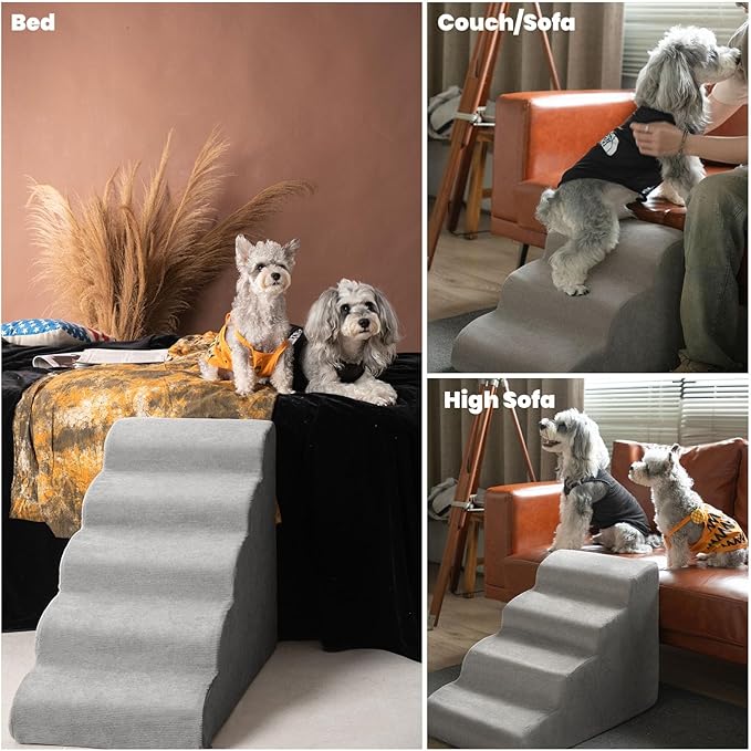 MEWANG Dog Stairs for Small &amp; Medium Dogs and Old Cats –3/4/ 5 Steps High-Density Foam Pet Ramp for Bed &amp; Couch, Non-Slip, Washable Cover, Grey (Round Corner, 5 Steps: 29.92&