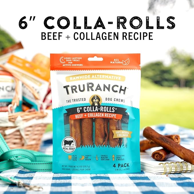 Collagen Rolls - 6" Collagen Rolls for Dogs - Long Lasting Healthy Joint Support - Rawhide Alternative - Skin &amp; Coat Health - Made with Real Beef, Value Pack, 3 Bags, 12 Count