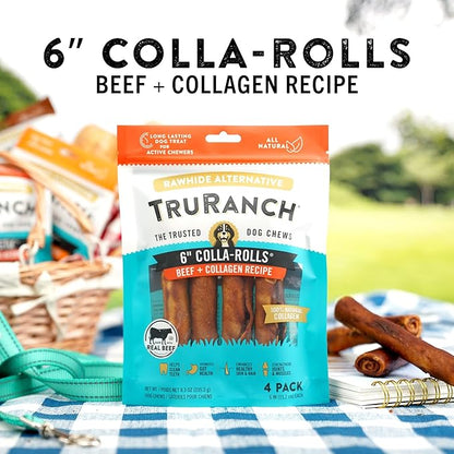 Collagen Rolls - 6" Collagen Rolls for Dogs - Long Lasting Healthy Joint Support - Rawhide Alternative - Skin &amp; Coat Health - Made with Real Beef, Value Pack, 15 Bags, 60 Count