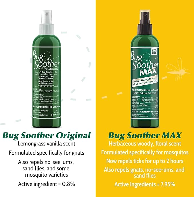 Bug Soother MAX - Extra Strength Natural Gnat, Tick, and Mosquito Repellent, 3 Pack 4 fl oz w/Free 1 oz. Bug Spray Deterrent - DEET Free - Safe for Adults &amp; Environment - Made in USA