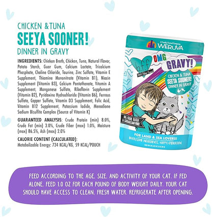 Weruva B.F.F. OMG - Best Feline Friend Oh My Gravy!, Seeya Sooner! with Chicken &amp; Tuna in Gravy Cat Food, 2.8oz Pouch (Pack of 12)