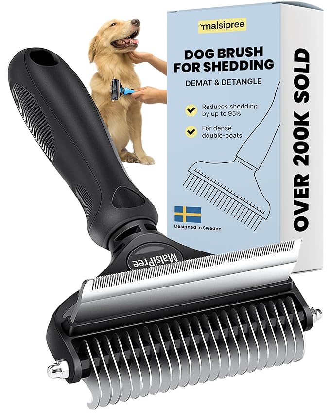 MalsiPree Dog Brush - Large, Black - 2-in-1 Undercoat Rake &amp; Dematting Rake - Shedding Brush &amp; Deshedding Tool for medium to Large Double-Coated Dogs &amp; Cats