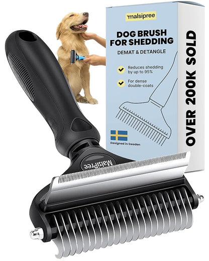 MalsiPree Dog Brush - Large, Black - 2-in-1 Undercoat Rake &amp; Dematting Rake - Shedding Brush &amp; Deshedding Tool for medium to Large Double-Coated Dogs &amp; Cats