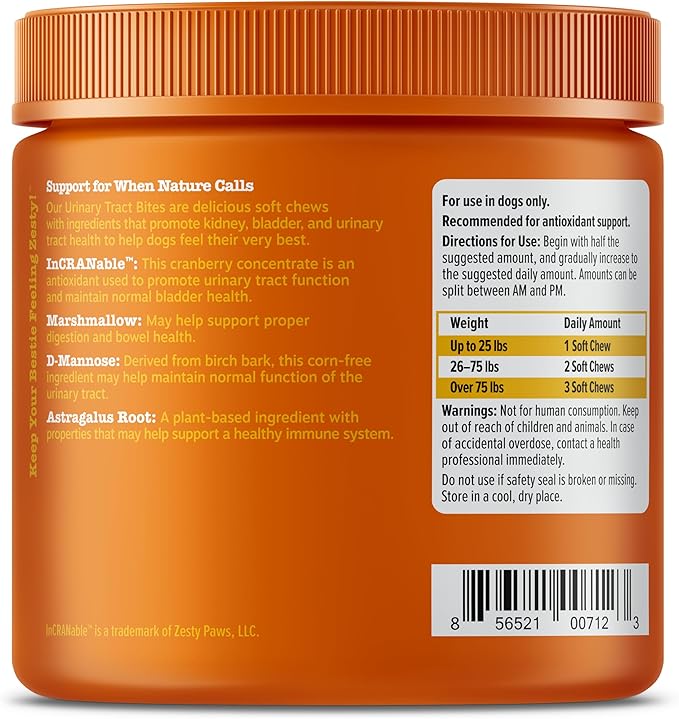 Zesty Paws Cranberry Supplement for Dogs - Bladder Control for Dogs - Urinary Tract Support - Cranberry Chews - Immune &amp; Gut Support - Chicken - 90 Count