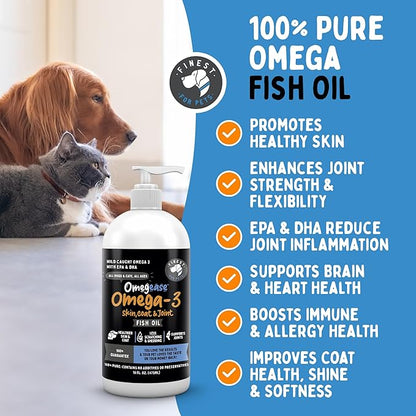 Omegease Fish Oil for Dogs &amp; Cats - Finest for Pets Omega 3 for Cats &amp; Dogs - Supplement for Skin &amp; Coat, Itching, Shedding, Joints &amp; Immune Health - 100% Pure Omega Fish Oil with EPA &amp; DHA (8 oz)
