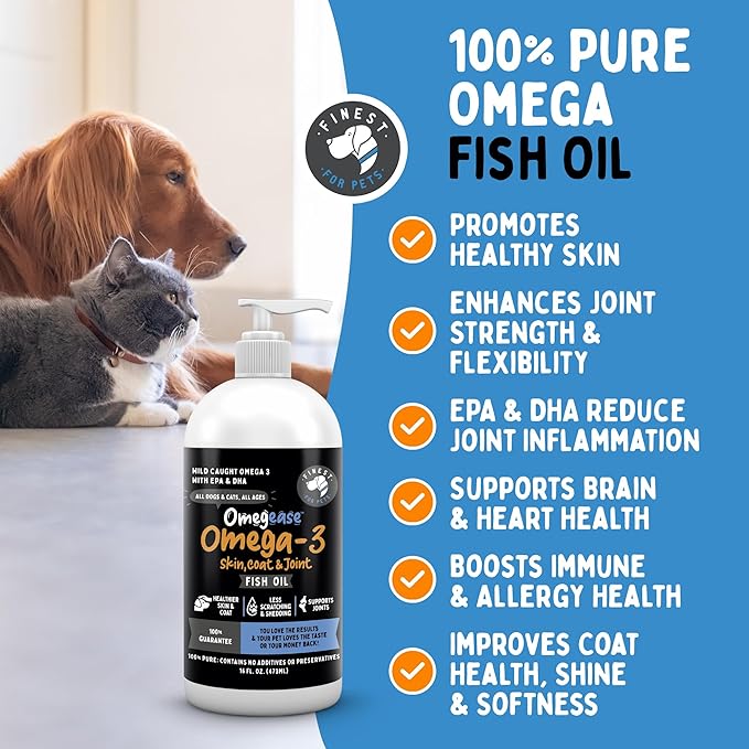 Omegease Fish Oil for Dogs &amp; Cats - Finest for Pets Omega 3 for Cats &amp; Dogs - Supplement for Skin &amp; Coat, Itching, Shedding, Joints &amp; Immune Health - 100% Pure Omega Fish Oil with EPA &amp; DHA (32 oz)