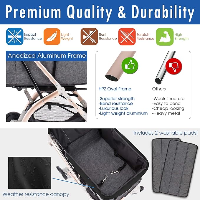 Lite Premium Light-Weight Dog/Cat/Pet Stroller Travel Carriage with Convertible Compartment/Zipper-Less Entry/1-Hand Quick Fold/Aluminum Frame for Small &amp; Medium Pets (Black 2nd-Gen.)