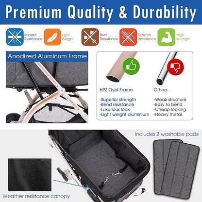 Lite Premium Light-Weight Dog/Cat/Pet Stroller Travel Carriage with Convertible Compartment/Zipper-Less Entry/1-Hand Quick Fold/Aluminum Frame for Small &amp; Medium Pets (Black 2nd-Gen.)