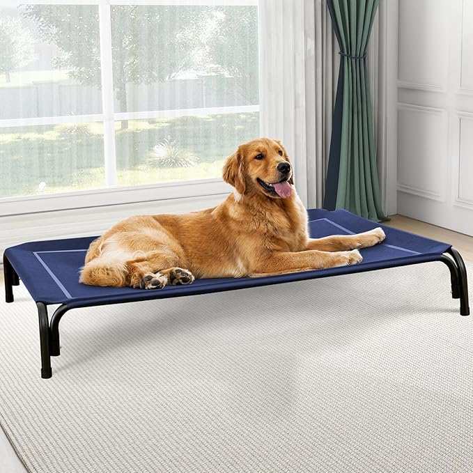 Elevated Dog Bed, Raised Outdoor Dog Bed for Large Sized Dogs, Portable Cooling Pet Cot with Breathable &amp; Washable Mesh, Indoor &amp; Outdoor Pet Hammock with Skid-Resistant Feet.