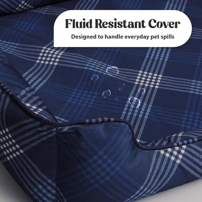 Orthopedic Bolster Dog Bed – CertiPUR-US Foam, Recycled Polyester Canvas, Washable Cover, Anti-Slip Bottom, Small, Navy Plaid – Stylish Designer Dog Sofa