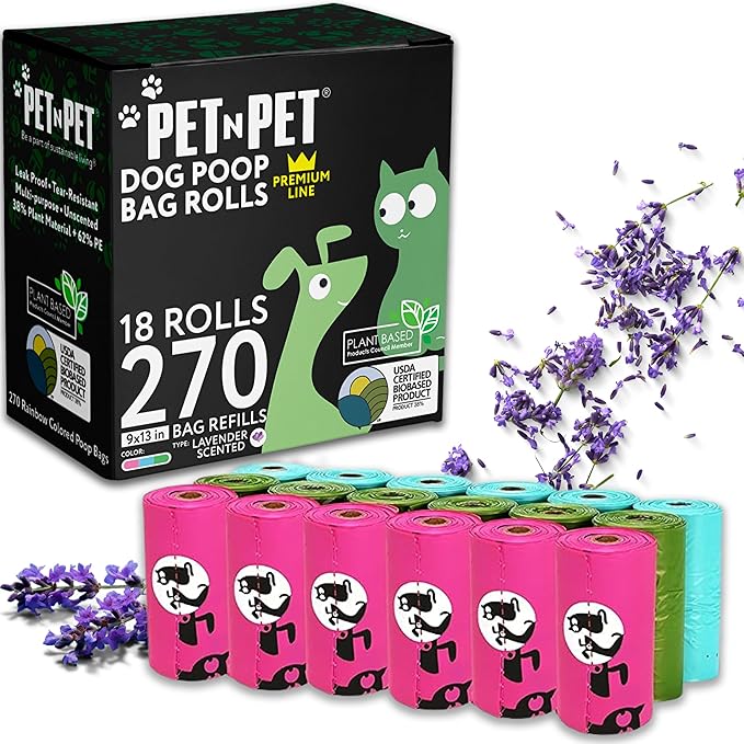 Pet N Pet 270 Counts Lavender Scented, Colorful Poop Bags for Dogs, 38% Plant Based &amp; 62% PE Dog Poop Bags Rolls, Extra Thick Dog Waste Bag, Doggy Bag