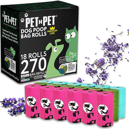 Pet N Pet 270 Counts Lavender Scented, Colorful Poop Bags for Dogs, 38% Plant Based &amp; 62% PE Dog Poop Bags Rolls, Extra Thick Dog Waste Bag, Doggy Bag
