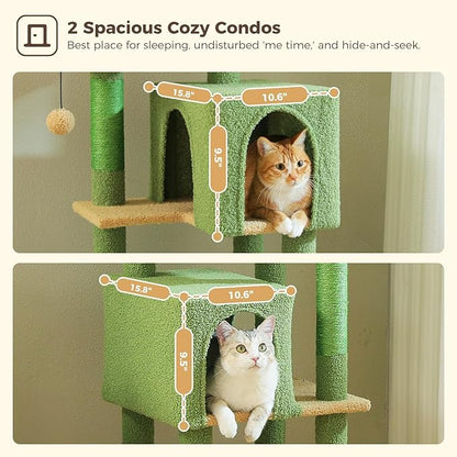 Cactus Cat Tree, 62-Inch Large Cat Tower for Multi-Cat Households w/Scratching Posts, Multi-Level Condo w/Cozy Top Perch &amp; Scratching Pad, Padded Platform, 2 Pompoms, Green