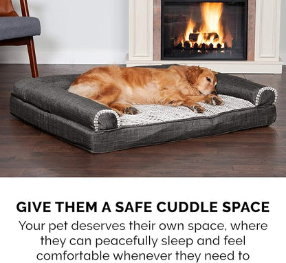 Furhaven Cooling Gel Dog Bed for Large Dogs w/ Removable Bolsters &amp; Washable Cover, For Dogs Up to 95 lbs - Luxe Faux Fur &amp; Performance Linen Sofa - Charcoal, Jumbo/XL