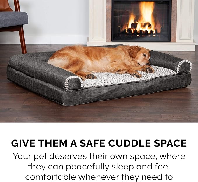 Furhaven Cooling Gel Dog Bed for Large/Medium Dogs w/ Removable Bolsters &amp; Washable Cover, For Dogs Up to 55 lbs - Luxe Faux Fur &amp; Performance Linen Sofa - Charcoal, Large