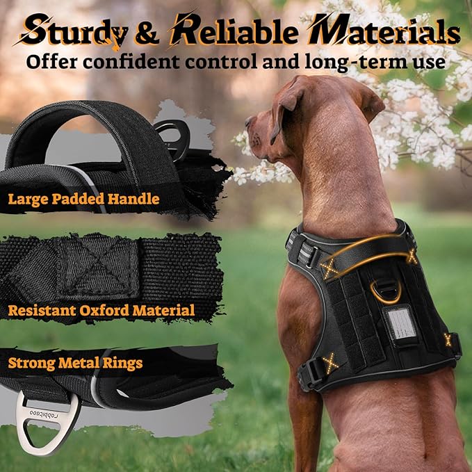 rabbitgoo Dog Harness for Large Dogs No Pull, Tactical Service Pet Vest with Molle and Control Handle, Adjustable and Reflective Military Harness for Easy Walking and Training, Black, XL