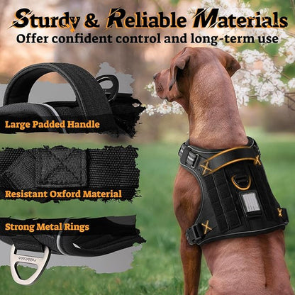 rabbitgoo Dog Harness for Large Dogs No Pull, Tactical Service Pet Vest with Molle and Control Handle, Adjustable and Reflective Military Harness for Easy Walking and Training, Black, XL