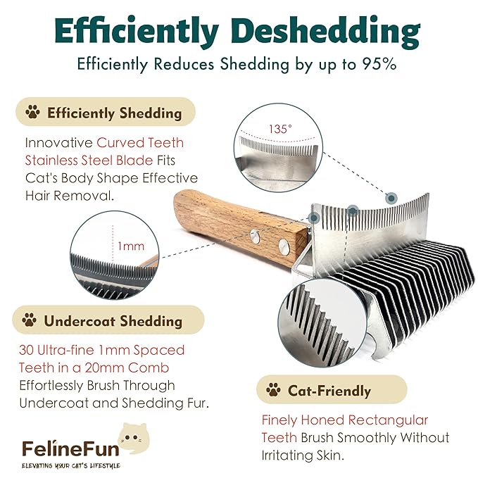FelineFun Cat Brush for Dematting &amp; Deshedding, 2 in 1 Undercoat Rake, Efficiently Remove Loose Hair &amp; Matted Fur, Professional Shedding Comb for Indoor Cats &amp; Long Haired Cats