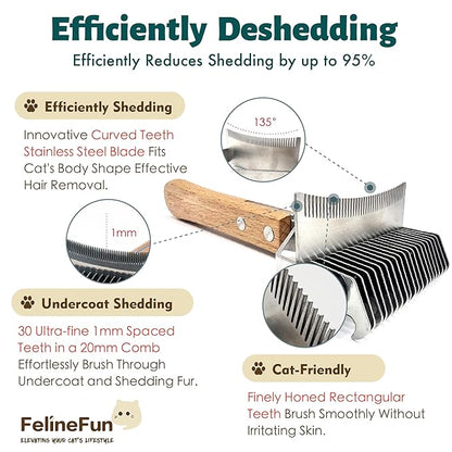FelineFun Cat Brush for Dematting &amp; Deshedding, 2 in 1 Undercoat Rake, Efficiently Remove Loose Hair &amp; Matted Fur, Professional Shedding Comb for Indoor Cats &amp; Long Haired Cats