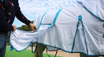 Horse Fly Sheet with Detachable Neck Cover &amp; Belly Wrap, Adjustable Fly Sheet for Horses, Ventilated Airflow Mesh Equine Cooling Summer Flysheet White 81