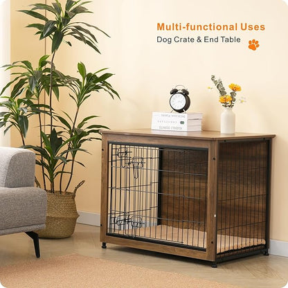 DWANTON Dog Crate Furniture with Cushion, Wooden Kennel Table with Double Doors, Indoor Dog House, Medium Size, 32.5" L, Warm Brown