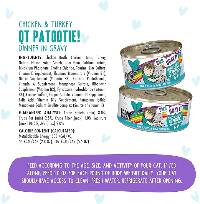 Weruva B.F.F. OMG - Best Feline Friend Oh My Gravy! Grain-Free Wet Cat Food Cans, QT Patootie! Chicken &amp; Turkey, 2.8 oz Can (Pack of 12)