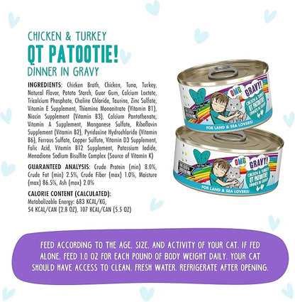 Weruva B.F.F. OMG - Best Feline Friend Oh My Gravy!, QT Patootie! with Chicken &amp; Turkey in Gravy Cat Food, 5.5oz Can (Pack of 8)
