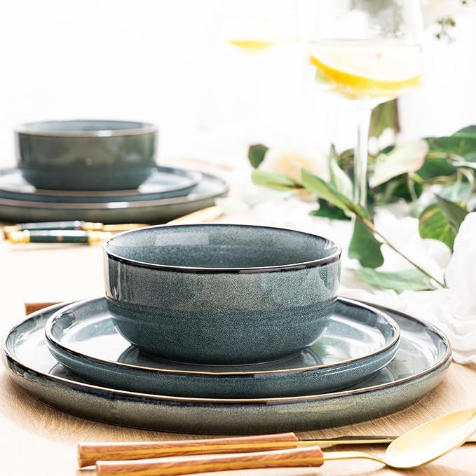 GBHOME Ceramic Dinnerware Sets for 4, 12 Pieces Stoneware Plates and Bowls Sets, Reactive Glaze Dishes -Scratch Resistant, Dishwasher&amp;Microwave Safe, Space Blue