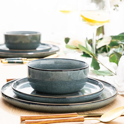 GBHOME Ceramic Dinnerware Sets for 4, 12 Pieces Stoneware Plates and Bowls Sets, Reactive Glaze Dishes -Scratch Resistant, Dishwasher&amp;Microwave Safe, Space Blue