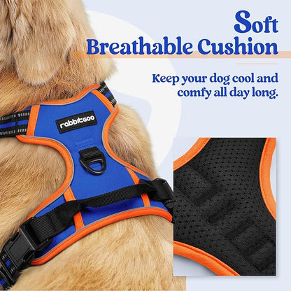rabbitgoo Dog Harness No Pull with 2 Leash Clips, Adjustable Soft Padded, Reflective Oxford No Choke Pet Vest with Easy Control Handle for Large Dogs, Blue &amp; Orange, XL
