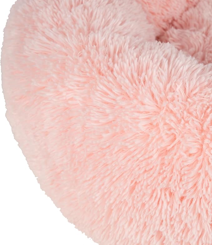 Best Pet Supplies Round Donut Dog Bed with Plush Faux Fur Fabric, Calming, Anti-Anxiety Cushion for Indoor Pets, Slip-Resistant Base, Soft Ergonomic Support - Pink, 20x20x6&