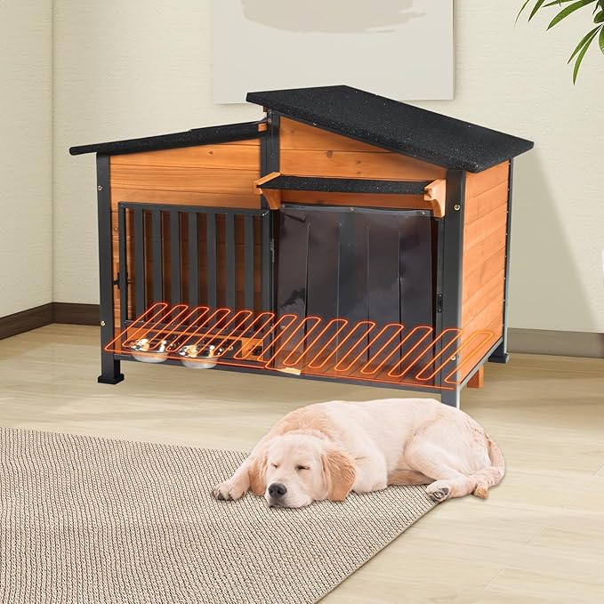 Chew-Resistant Dog House with Metal Frame, Wooden Kennel for Indoor &amp; Outdoor Use, Waterproof Roof &amp; Feeding Bowls Included (Wood, L-in)