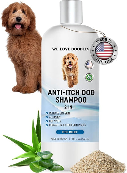 Premium Anti Itch Dog Shampoo for Sensitive Skin, Made in USA, Dry Skin Treatment for Dogs, Great for Allergies, Itching, Hot Spots, Natural Ingredients &amp; Allergy Relief, 16 OZ [We Love Doodles]