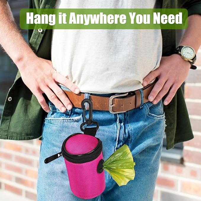 Dog Poop Bag Dispenser for Leash Attachment - Portable Set With Waste Bags &amp; Hand-Free Carrier, Fits Any Leash, Round, Pink