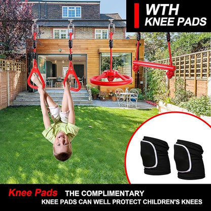 Ninja Warrior Obstacle Course for Kids Backyard with A Pair of Knee Pads, 60’ Ninja Slackline and Slackline Protective Tube with Unique Obstacles Climbing Net, Ninja Wheel, Monkey Bars, Gym Rings